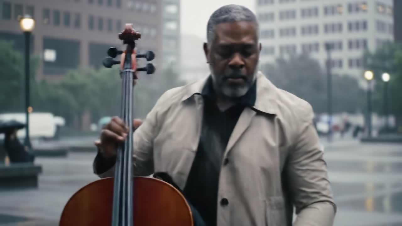 Una sinfonia toccante sotto la pioggia: un viaggio emozionante catturato in splendide immagini con talentuosi violoncellisti che si esibiscono sotto gli ombrelli in un ambiente urbano cupo