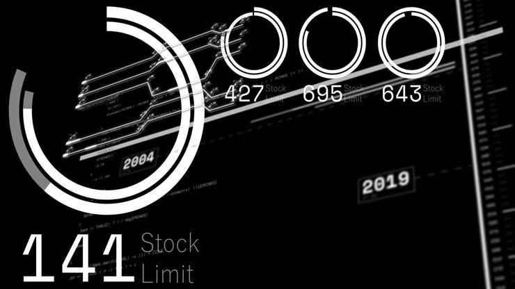 Animation of interface with stock market data processing against black background