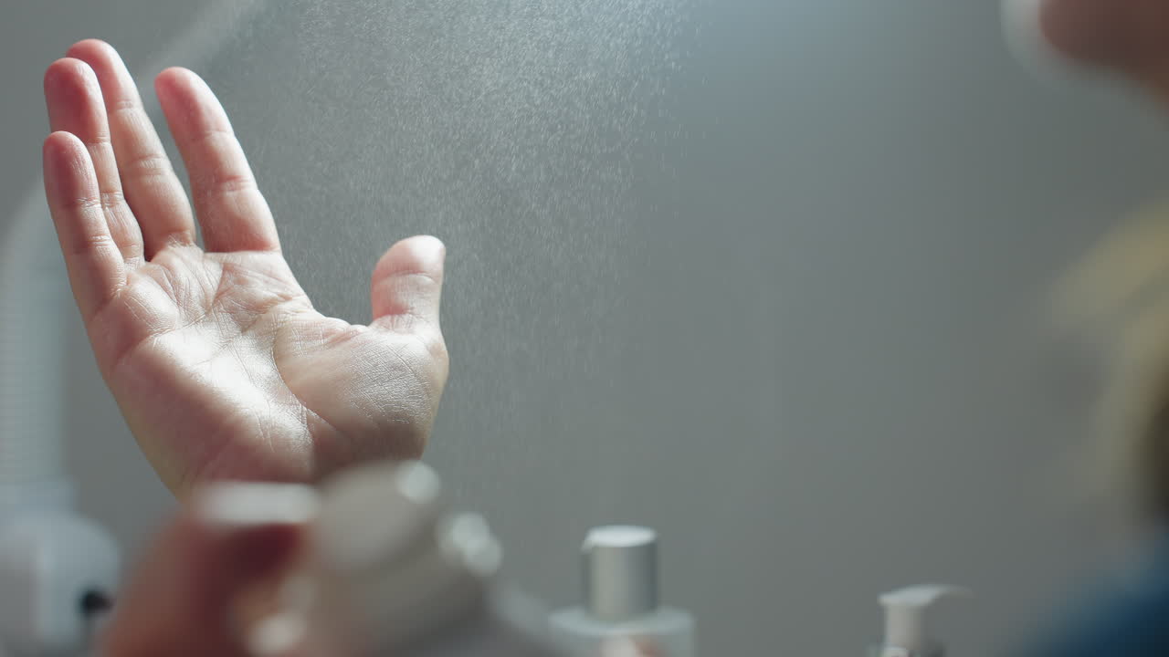 Wellness technician sprays hydrating mist onto hands then rubs palms together under bright clinical light, creating shimmering droplets for hygienic skin prep before facial treatment