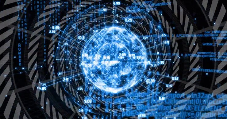 Animated blue network globe spinning in dark virtual space, showing data nodes and floating code
