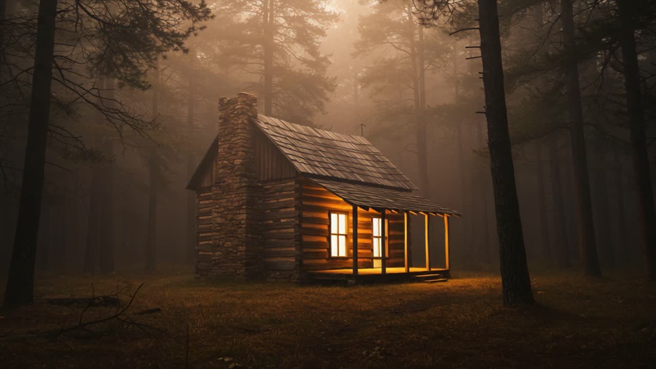 A Solitary Cabin Illuminated in a Misty Forest, Nestled Among Tall Pines, Evoking a Sense of Mystery and Tranquility Amidst Nature's Embrace
