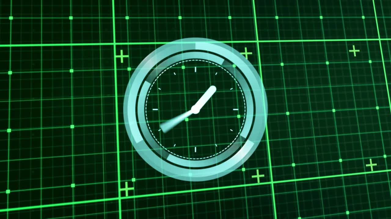 Crescent arc sweeping in, holographic clock forming rings and hands rotating, HUD showing time