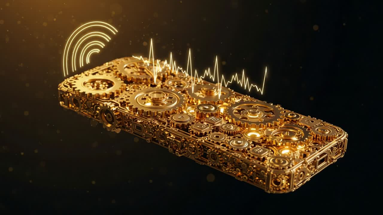 An Exquisite Golden Smartphone Embellished with Intricate Gears and Technological Elements, Emitting Signals and Visualization of Sound Waves for a Unique Artistic Display