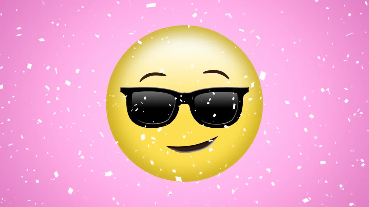 핑크색 배경에 선글라스에 행복하고 시원한 이모지 위에 떨어지는  ⁇ 색 콘페티의 애니메이션