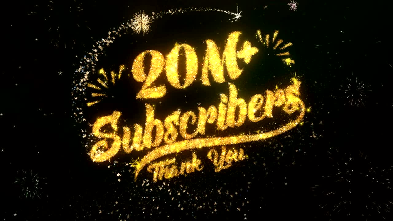 화려한 불꽃놀이 4k 배경과 함께 빛나는 어두운 밤 하늘을 밝히는 반이는 입자와 반이는 불꽃으로 만든 20m 가입자 인사 및 소원 카드.