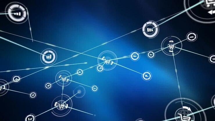 Animazione di una rete crescente di icone di persone su una rete luminosa di connessioni