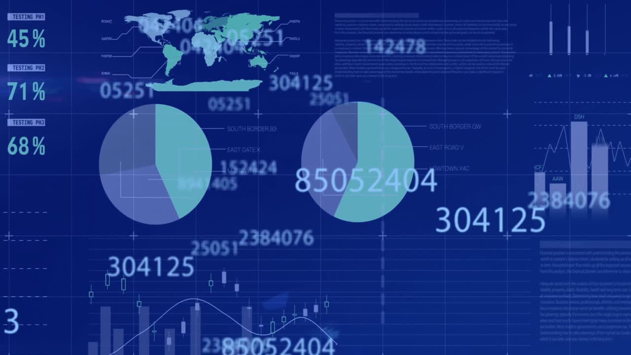 Animation of digital interface with numbers changing, financial data processing and statistics