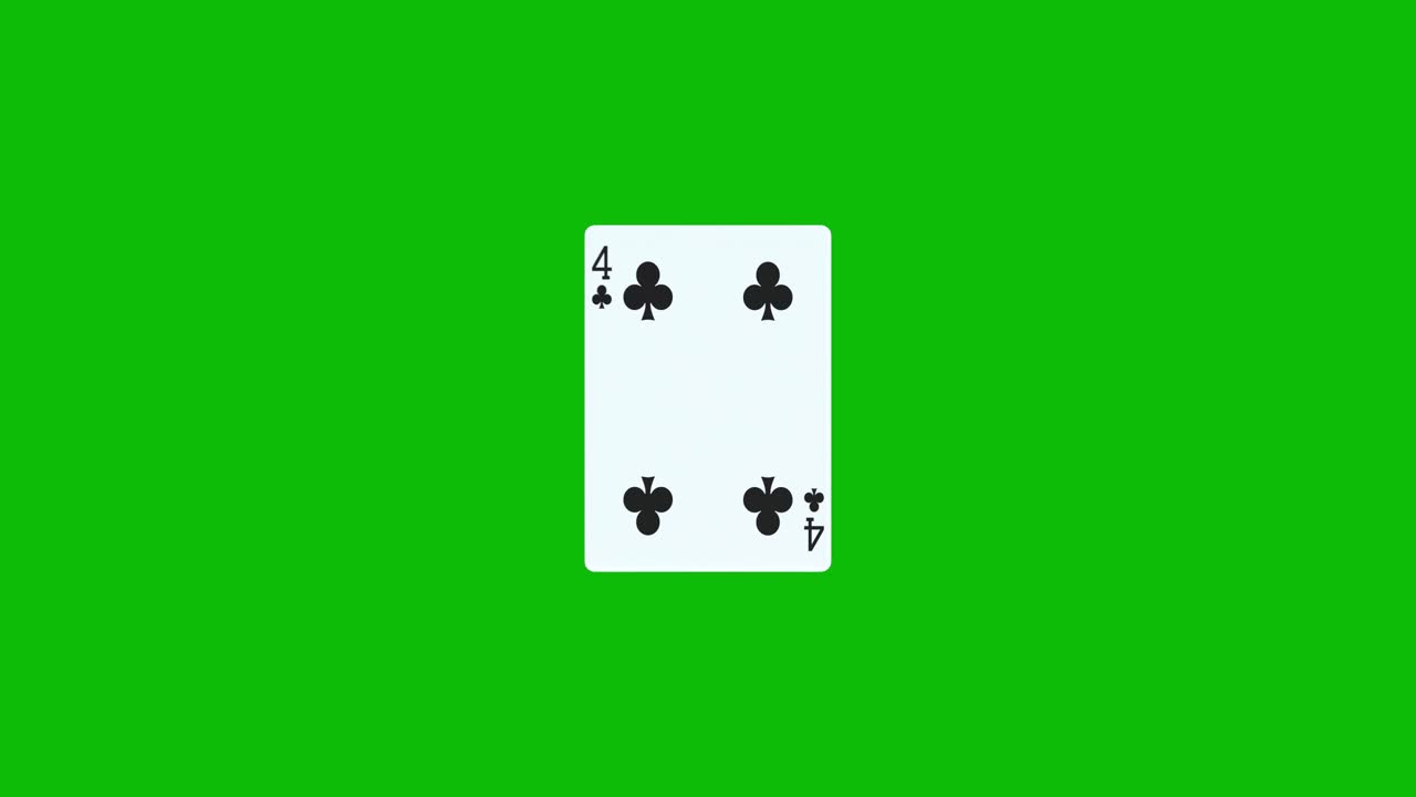 Una carta da poker, il quattro di fiori, ruota e si rivela su uno schermo verde, animazione 3D. Puoi modificare la tempistica della clip per controllare l'effetto rivelatore.