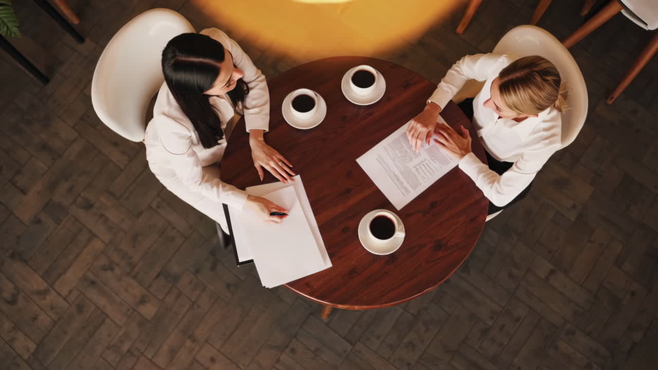 Two Businesswomen Discussing Documents Over Coffee in a Cafe