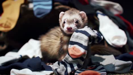 Adorable Ferret Playfully Burrowing Through a Pile of Colorful Socks, Creating a Whimsical Scene Filled with Soft Textiles and Playful Antics