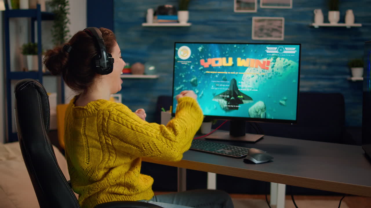 Esport of pro gamer playing video game with new graphics winning championship