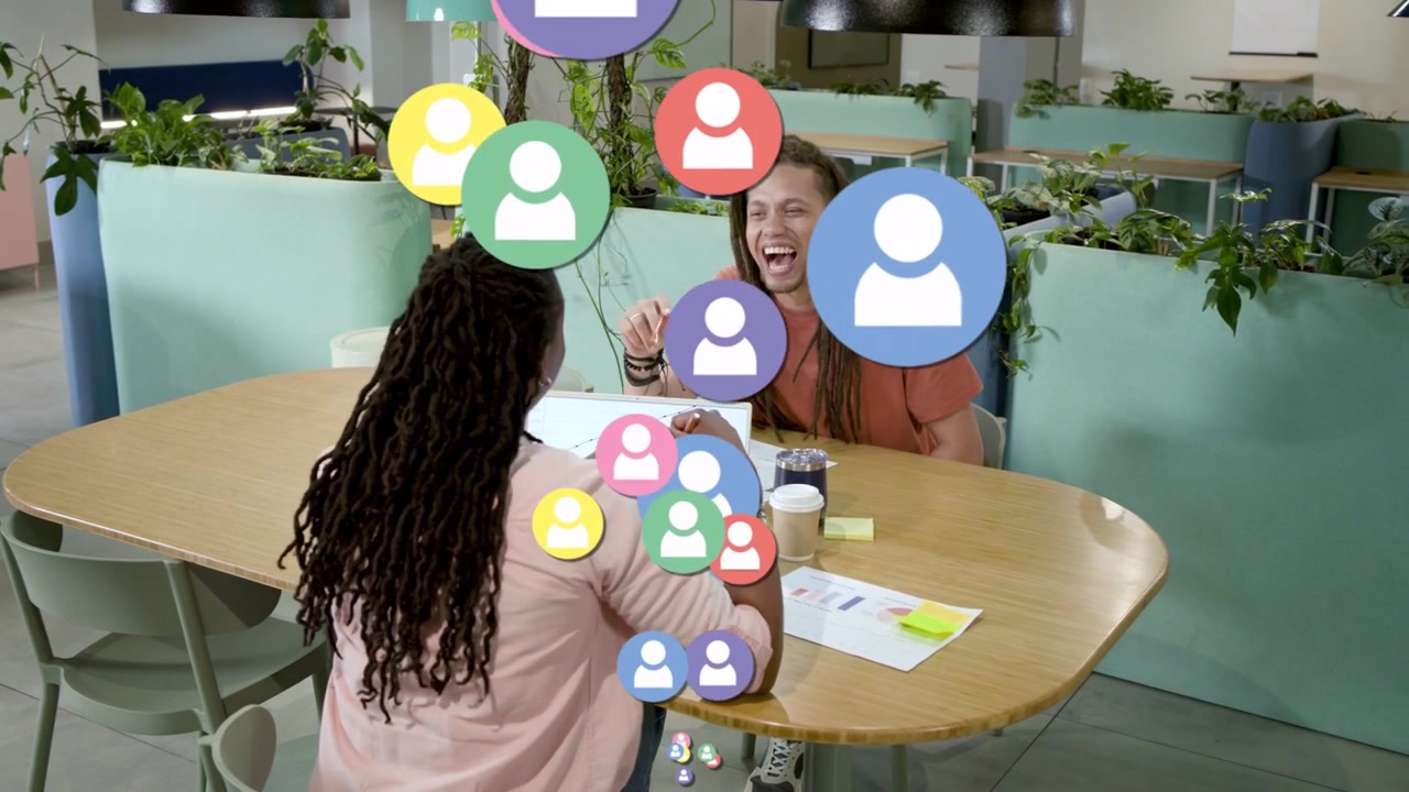Woman marking business plan, man smiling, avatars rising between them visualizing team links
