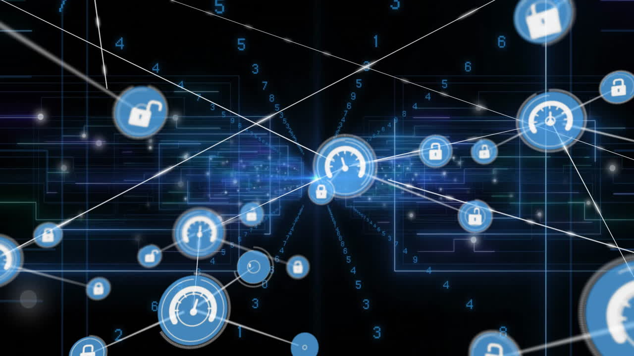 Animation showing digital locks and speedometers connected over binary code network