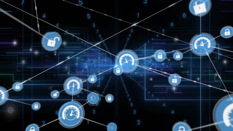animation showing digital locks and speedometers connected over binary code network