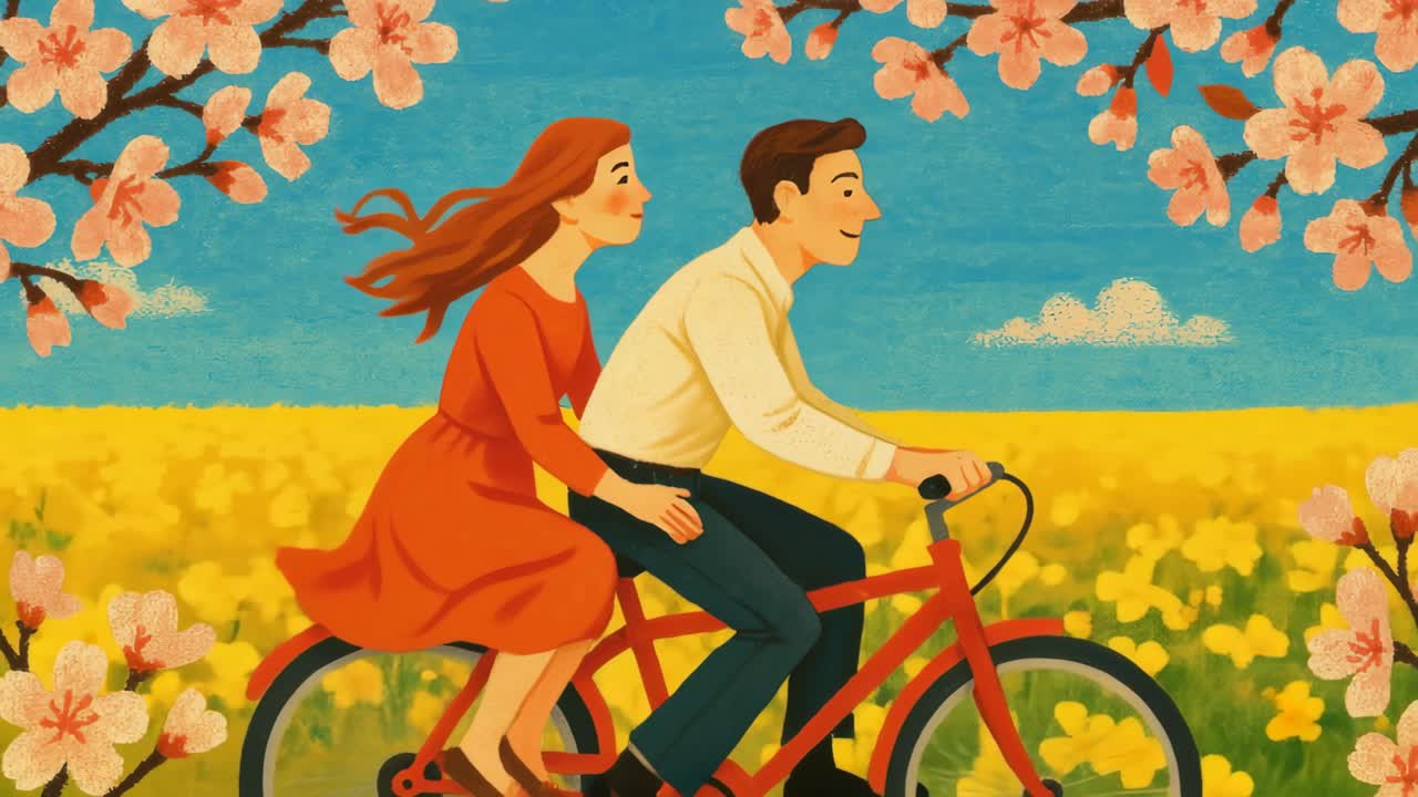 Illustration of a couple riding a bicycle through a blooming field, viewed from the side