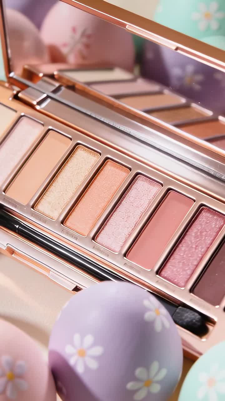 Showing open rose-gold eyeshadow palette sitting on vanity tabletop, with mirror, brush, daisy eggs