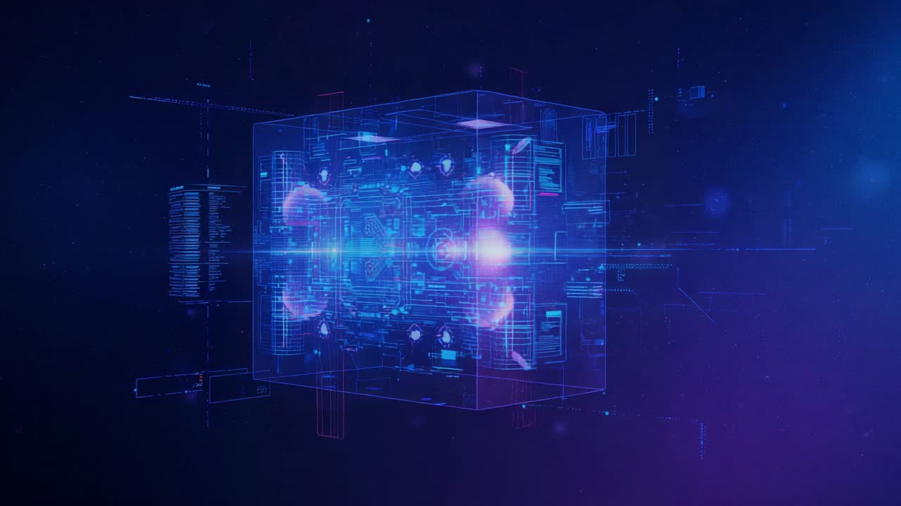 Holographic data cube calibrating, integrating and rotating in void after initiating data streams