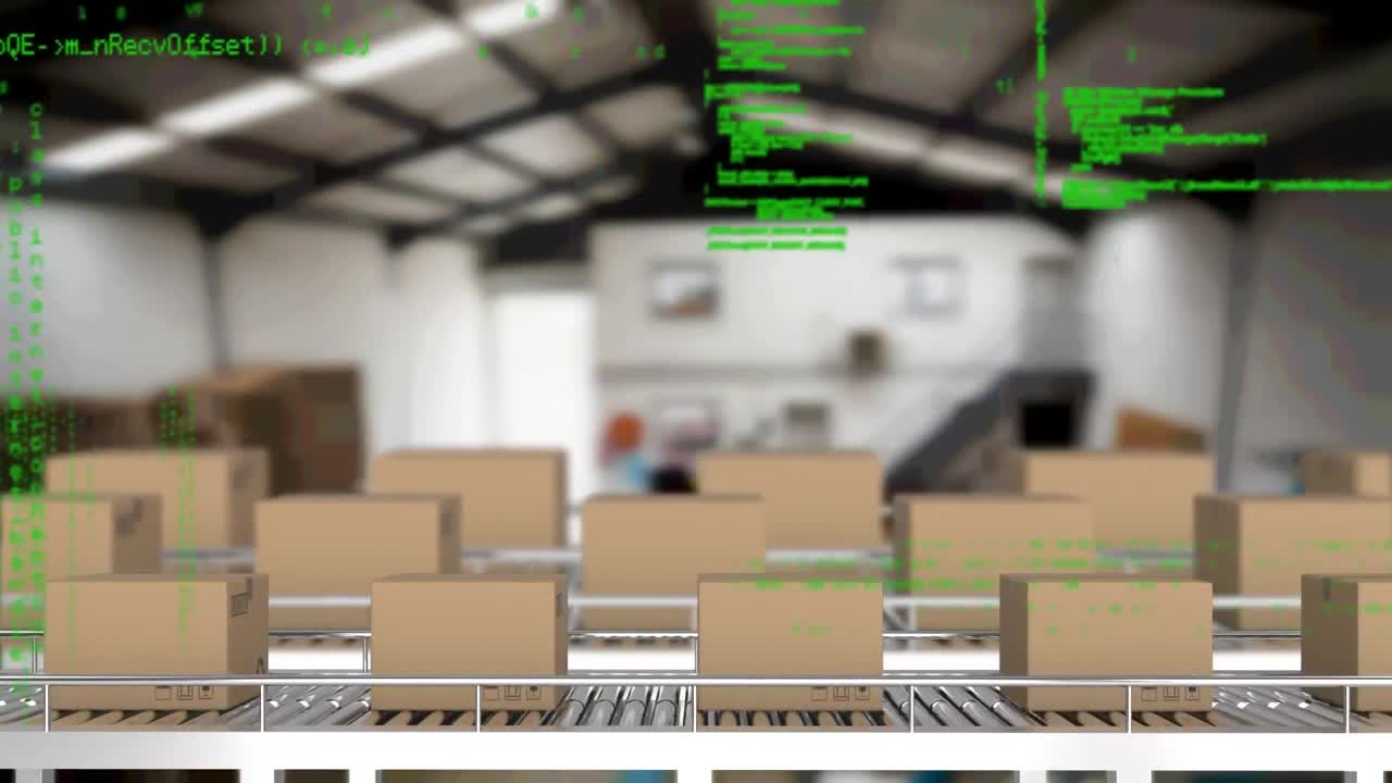 Animation af databehandling over papkasser på transportbånd i baggrunden