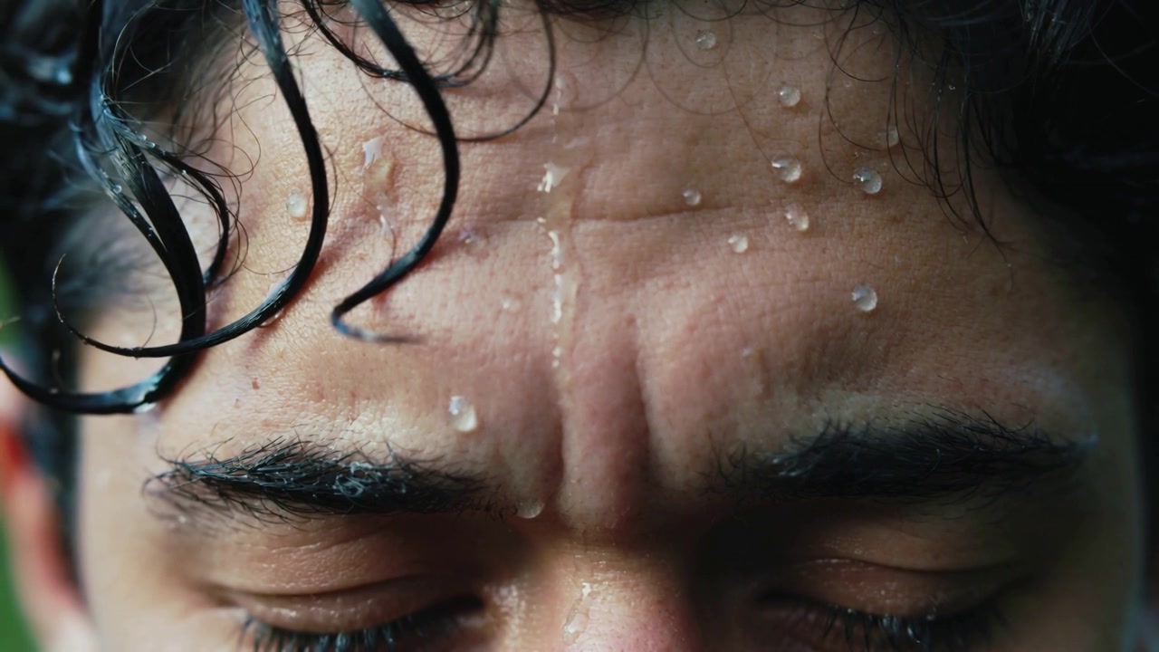 Streaming droplets on man's brow, showing furrow and wet hair in closeup, gravity pulling down