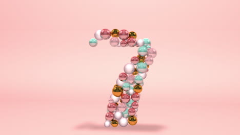 número 7 hecho de cuentas, bolas de vidrio, perlas pastel, joyas de cristal y oro