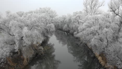 río de invierno en vista de drones en hungría