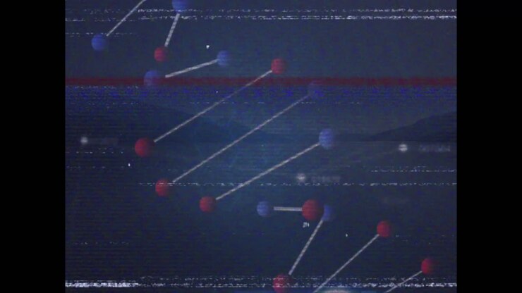 Animazione di interferenza su filamento di DNA e rete di connessioni su sfondo nero
