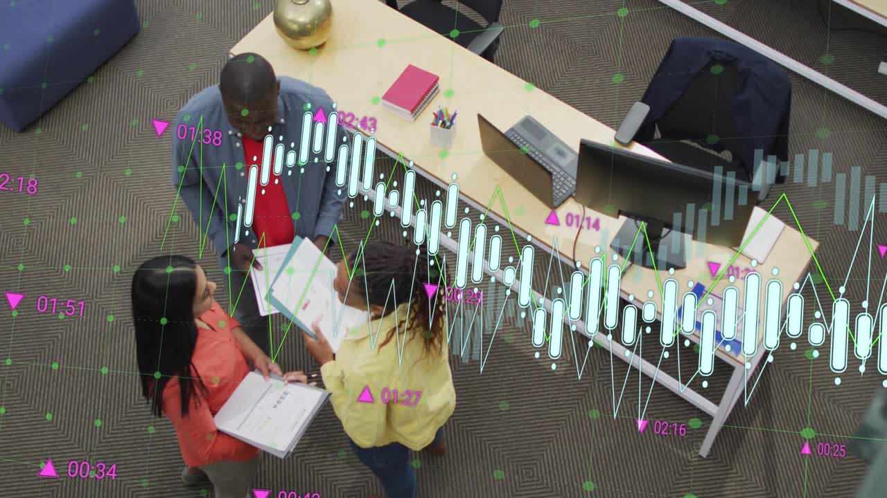 Animation of changing numbers and graphs, high angle view of diverse coworkers discussing reports
