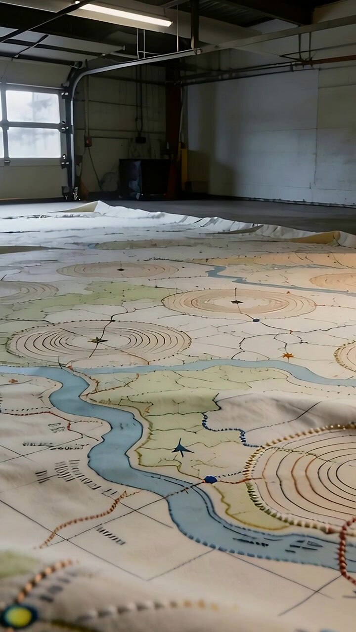 Vertical video: Pulling back camera revealing topo map on floor, exposing raised fold for framing