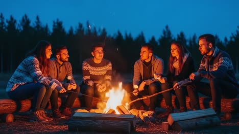 A Cozy Gathering Around the Campfire: Friends Enjoying a Relaxing Evening Outdoors with Laughter and Roasting Marshmallows Amidst Nature&#039;s Beauty
