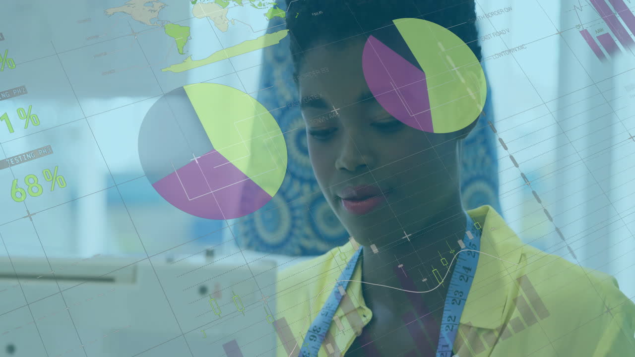 Female seamstress operating sewing machine overlaying pie charts measuring tape for fashion design