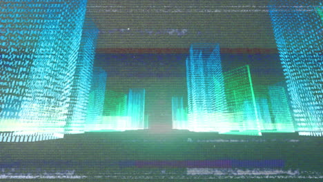 회색 배경에 대 한 3d 도시 모델 위에 vhs 장애 효과의 애니메이션