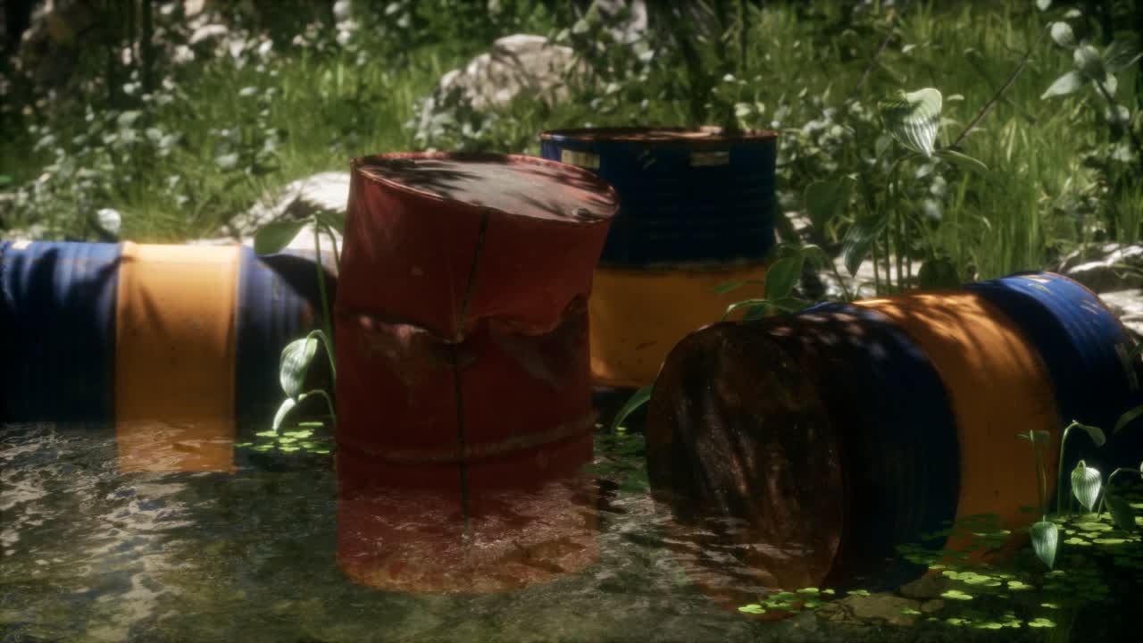 녹색 숲 속 의 녹슬은 통 들