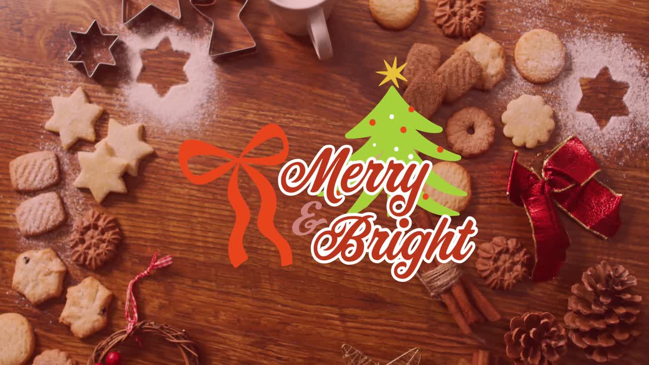 크리스마스 쿠키 와 장식물 위 에 있는 크리스마스 축하 문자 의 애니메이션