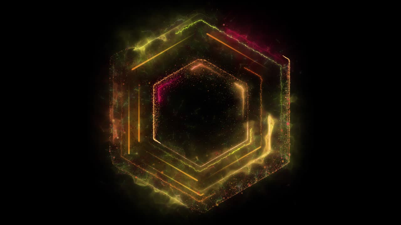bucle sin costuras. animación de un portal hexagonal geométrico amarillo formado por partículas y rastros de energía aislados en fondo negro con alpha luma matte vfx cg 4k. puerta espacial. ciencia ficción. futurista.