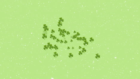 animation of clover leaves and snow falling over green background