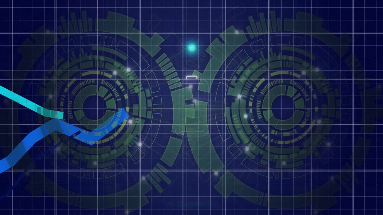 두 개의 둥근 스캐너를 회전하는 네온 추상적인 모양과 파란 그래프의 애니메이션