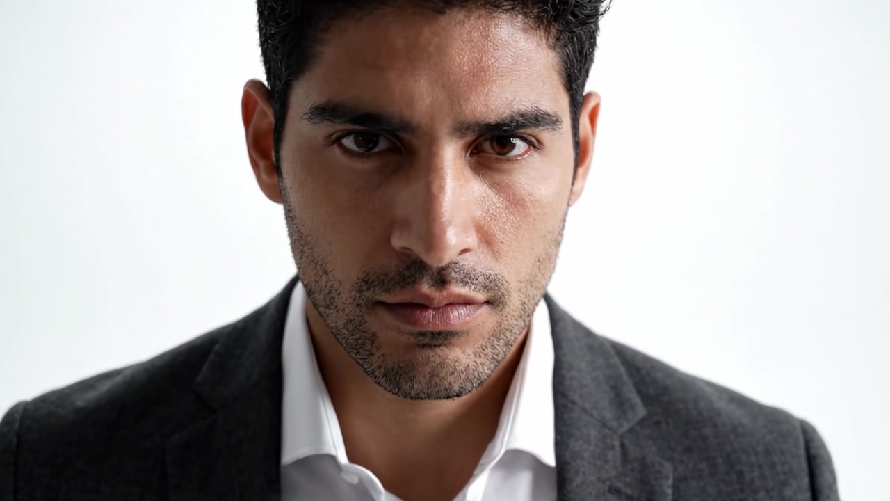 Un ritratto forte e intenso di un uomo sicuro di sé che emana carisma e determinazione, catturato in due fotogrammi suggestivi con espressioni audaci e uno sfondo minimalista.