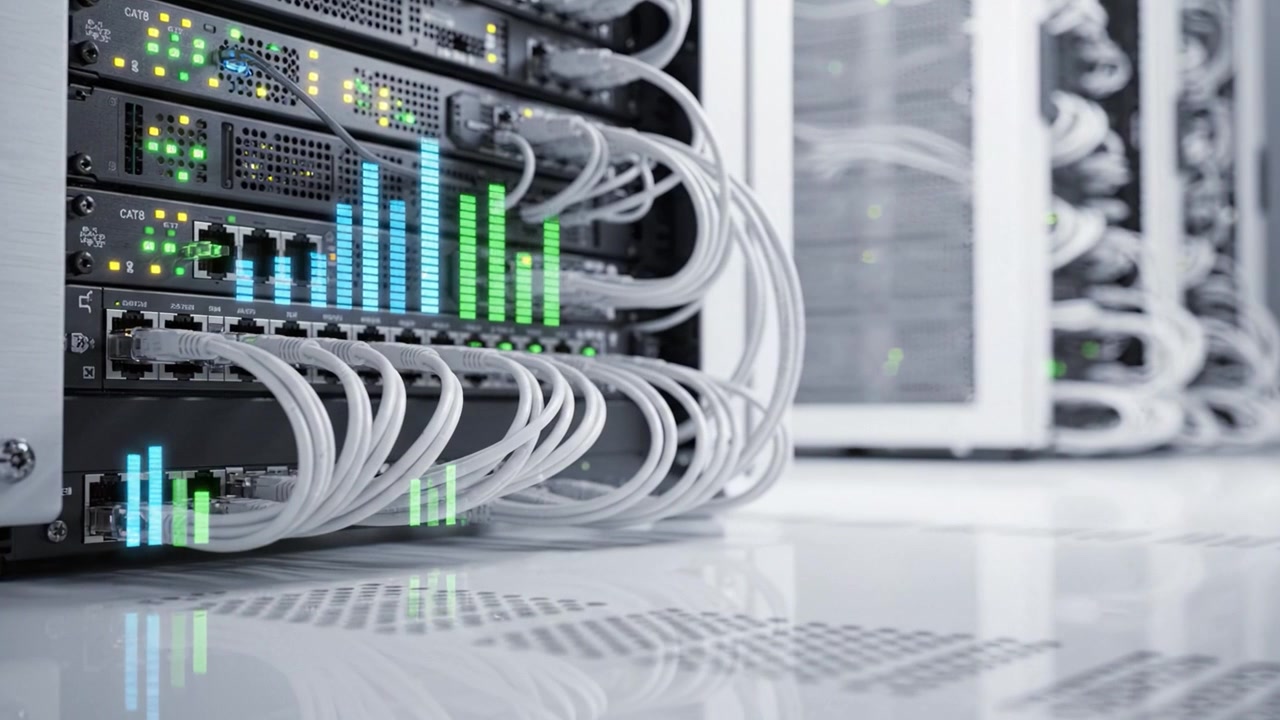 High-Tech Data Center Infrastructure Displaying Network Equipment, Cables, and Active Monitoring System with Lively LED Indicators and Server Racks