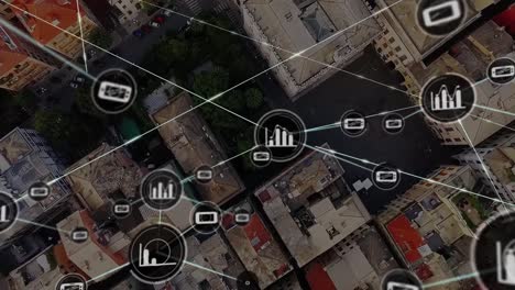 animation of network of connections with icons over cityscape