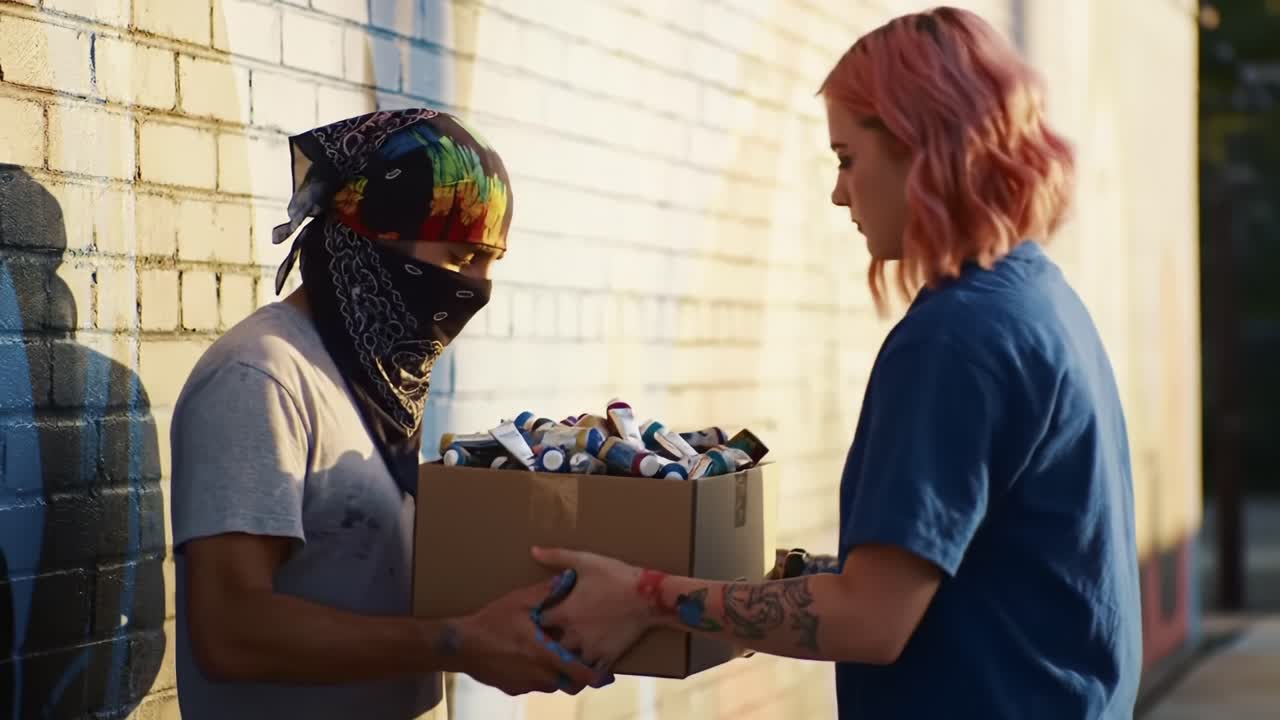 A Collaborative Mural Creation: Two Artists Engaging in Colorful Expression Through Paint and Creativity Along a Vibrant Urban Wall