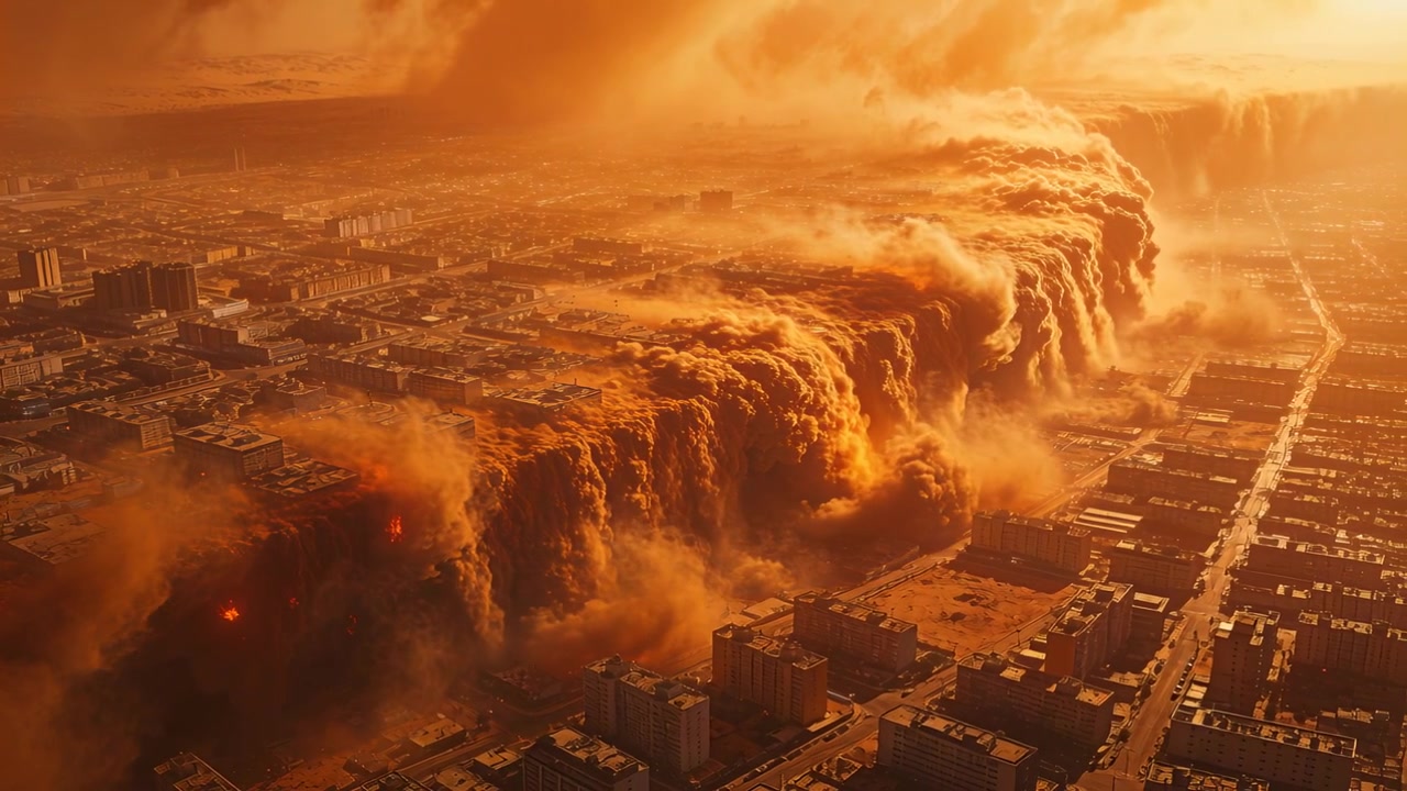 Advancing massive dust front sweeping over city grid, being driven by gusting winds stirring roofs