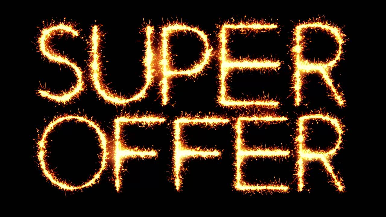Super offer text sparkler writing with glitter sparks particles firework on black 4k loop background