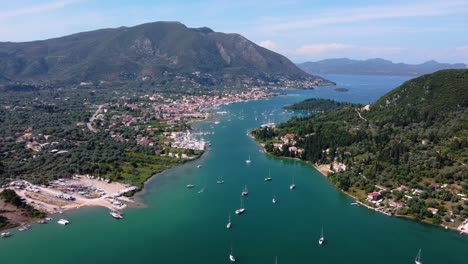 Aerial-Panoramic-Tilt-over-Nidri-Bay,-Lefkada,-Greece