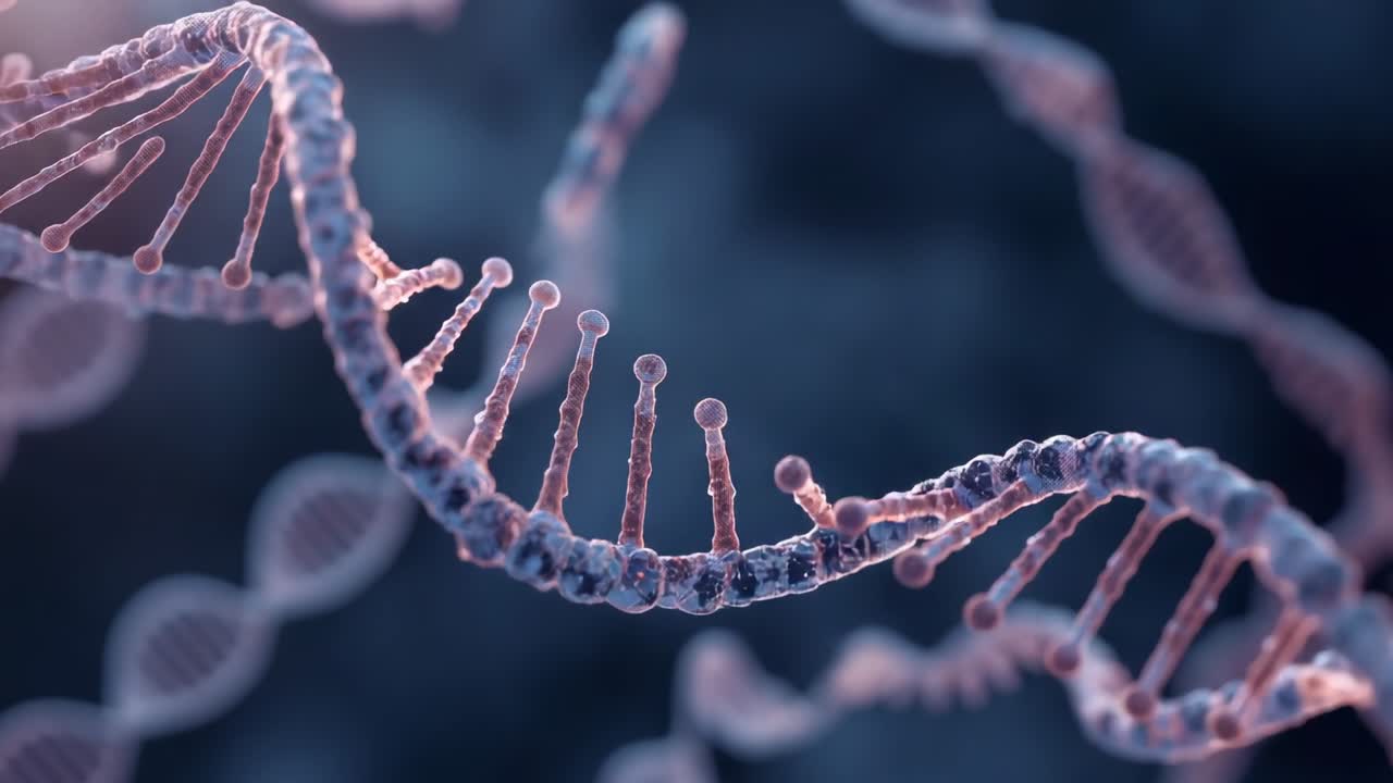 Panning della camera che rivela un filamento elicoidale rotante in un microscopio virtuale, che mostra le estremità nucleotidiche