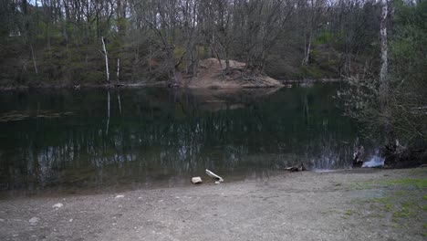 Dirty-still-dark-lake-with-dry-bank-edge-and-some-wooden-boxes-in-the-water-and-trees-on-the-edge