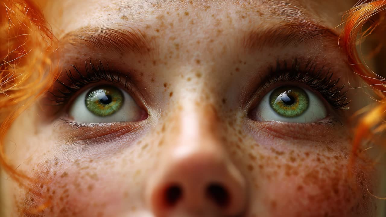 An Intimate Close-Up of a Young Person with Striking Green Eyes and Freckles, Highlighting Details of Their Expression and Unique Features Through Stunning Photography
