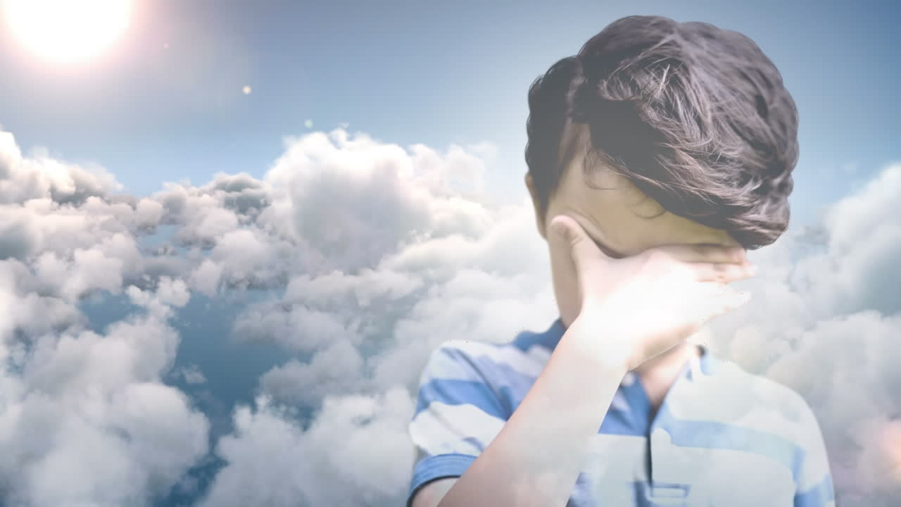 눈에 손을  ⁇ 고 걱정하는 소년의 디지털 애니메이션 4k