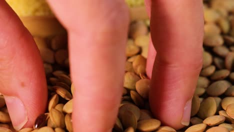 close-up of hands sorting lentils on a flat surface with warm lighting, highlighting texture and movement
