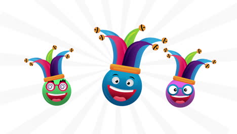 happy fools day card with crazy emojis and buffoons hats