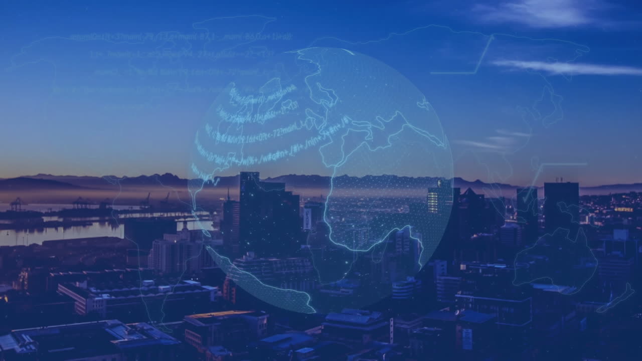 도시 풍경의 공중 시야에 대한 전 세계 데이터 처리의 애니메이션